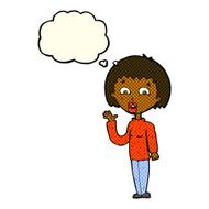 cartoon woman waving with thought bubble N149