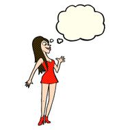 cartoon woman in pink dress with thought bubble N5