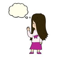 cartoon girl with pony shirt waving thought bubble N5