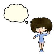 cartoon waving girl with thought bubble N5