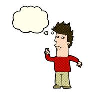 cartoon man giving peace sign with thought bubble N25