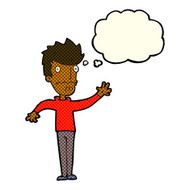 cartoon worried man reaching out with thought bubble N10