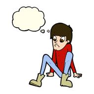 cartoon boy sitting on floor with thought bubble N5