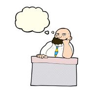 cartoon bored man at desk with thought bubble N5