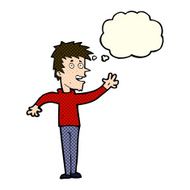 cartoon happy boy waving with thought bubble N9