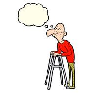 cartoon old man with walking frame thought bubble N5