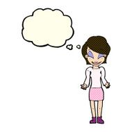 cartoon happy woman shrugging shoulders with thought bubble N9