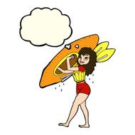 cartoon woman carrying canoe with thought bubble N3
