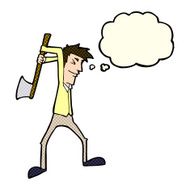 cartoon man swinging axe with thought bubble N5