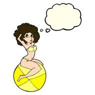cartoon pin up girl sitting on ball with thought bubble N5