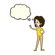 cartoon woman waving with thought bubble N150