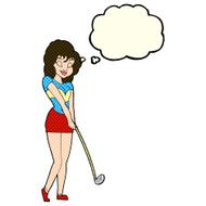 cartoon woman playing golf with thought bubble N10