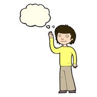 cartoon friendly boy waving with thought bubble N5