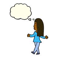 cartoon woman shrugging shoulders with thought bubble N214