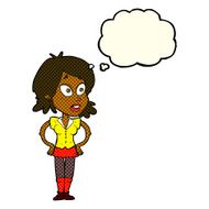 cartoon woman with hands on hips thought bubble N95