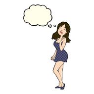 cartoon pretty woman in cocktail dress with thought bubble N5