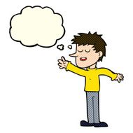 cartoon happy man reaching with thought bubble N5