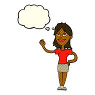 cartoon woman waving with thought bubble N154