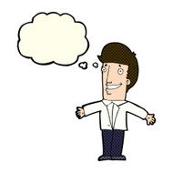 cartoon grining man with open arms thought bubble N5
