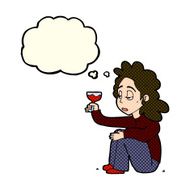 cartoon unhappy woman with glass of wine thought bubble N5