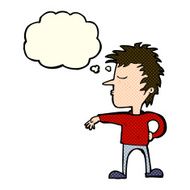 cartoon man making camp gesture with thought bubble N14