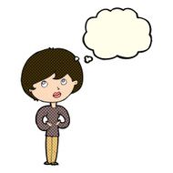 cartoon woman making Who Me? gesture with thought bubble N20