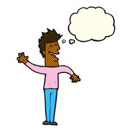 cartoon happy man waving with thought bubble N16