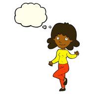 cartoon friendly woman waving with thought bubble N24