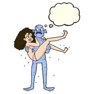 cartoon swamp monster carrying woman in bikini with thought bubb N3