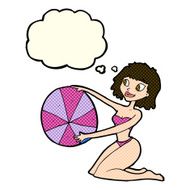 cartoon bikini girl with beach ball thought bubble N4