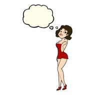 cartoon attractive woman in short dress with thought bubble N4