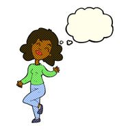 cartoon happy woman dancing with thought bubble N5