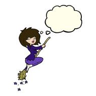 cartoon witch riding broomstick with thought bubble N9