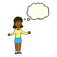 cartoon happy woman shrugging shoulders with thought bubble N10