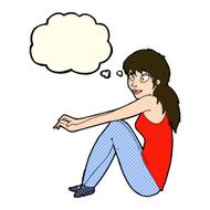 cartoon happy woman sitting with thought bubble N8