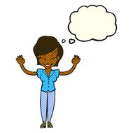 cartoon pretty woman with hands in air thought bubble N5