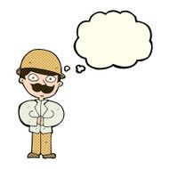 cartoon man in safari hat with thought bubble N3