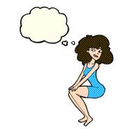 cartoon sitting woman in dress with thought bubble N5