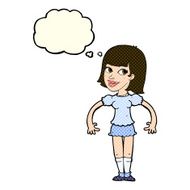 cartoon woman shrugging shoulders with thought bubble N215