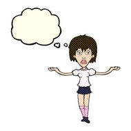 cartoon woman shrugging shoulders with thought bubble N217