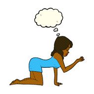 cartoon woman on all fours with thought bubble N10