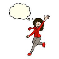 cartoon woman waving dressed for winter with thought bubble N5
