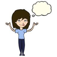 cartoon woman shrugging with thought bubble N29