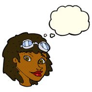 cartoon happy woman wearing aviator goggles with thought bubble N5