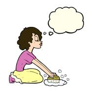cartoon woman scrubbing floor with thought bubble N3