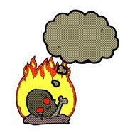 cartoon burning old bones with thought bubble N3