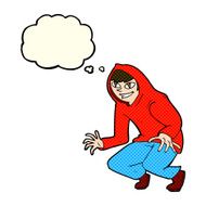 cartoon mischievous boy in hooded top with thought bubble N4