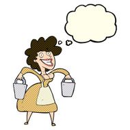 cartoon milkmaid carrying buckets with thought bubble N5