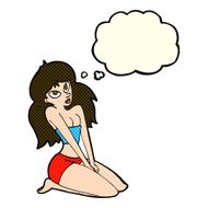 cartoon woman in skimpy clothing with thought bubble N5