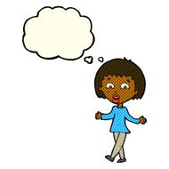 cartoon woman shrugging shoulders with thought bubble N218